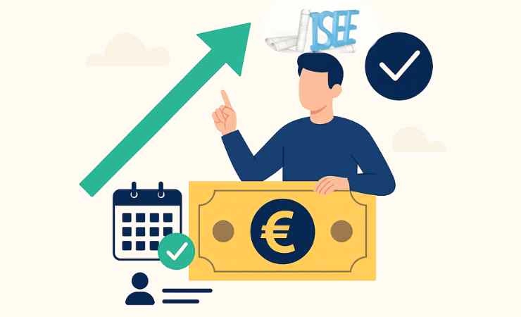 Uomo che tiene tra le mani una grande banconota gialla con il simbolo dell’euro e logo Isee