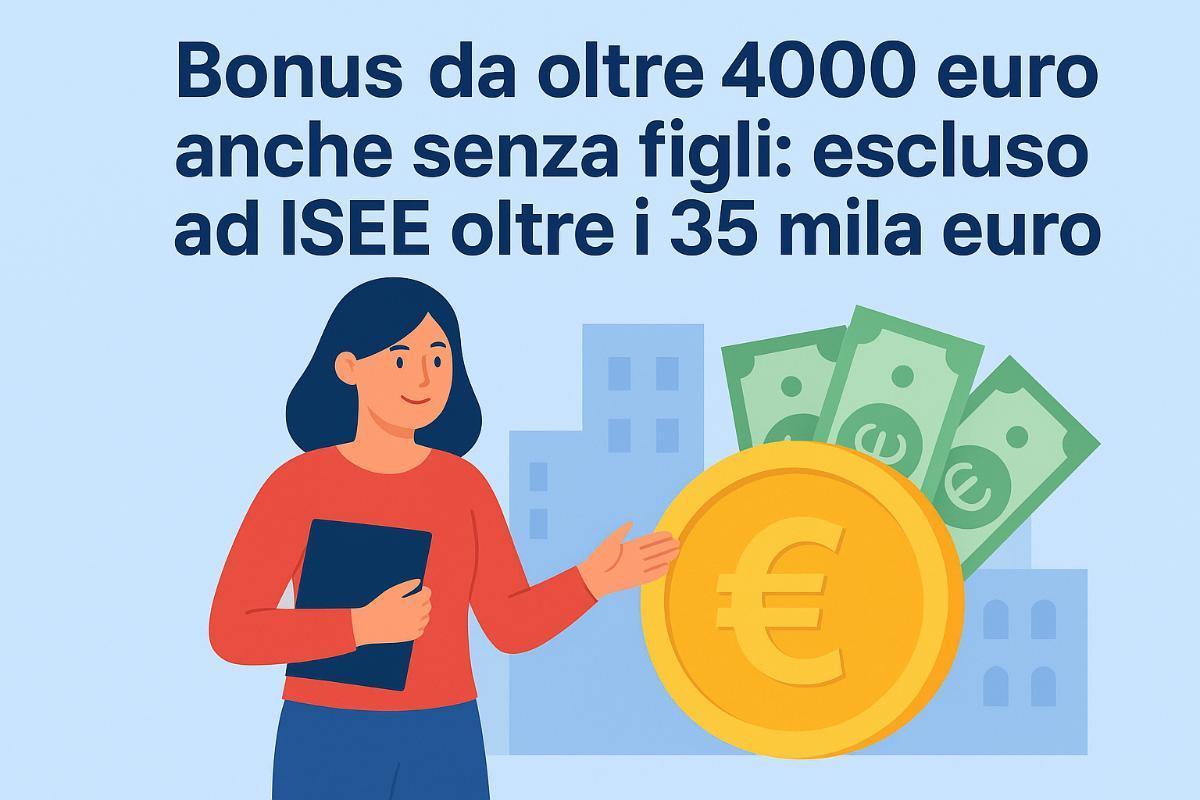 Donna con moneta dorata con il simbolo dell’euro e banconote verdi sullo sfondo urbano. In alto compare la scritta: “Bonus da oltre 4000 euro anche senza figli: escluso ad ISEE oltre i 35 mila euro