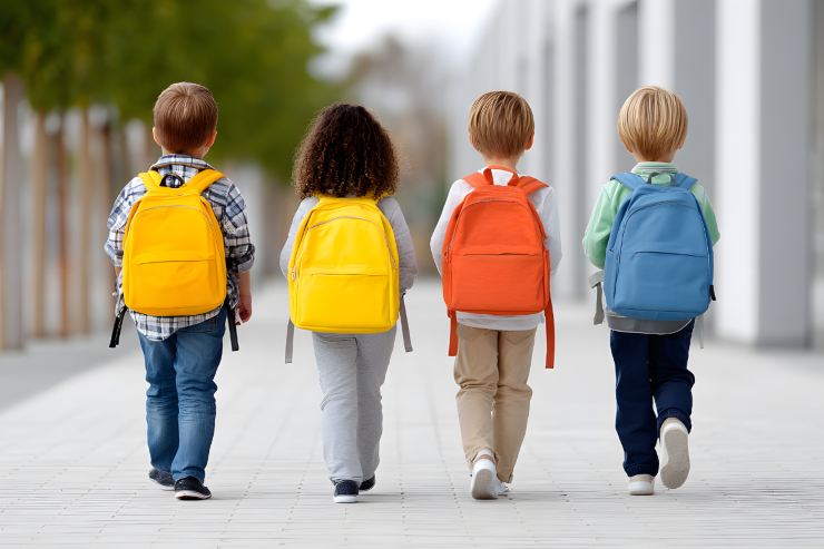 bambini vanno a scuola zaino sulle spalle