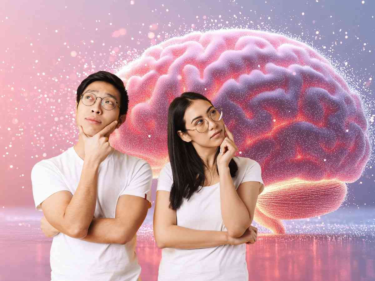 sfondo cervello digitalizzato e uomo e donna che pensano