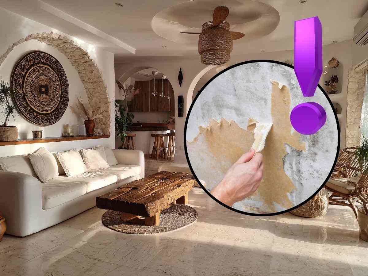 sfondo casa e tondo con muro distrutto e punto esclamativo viola