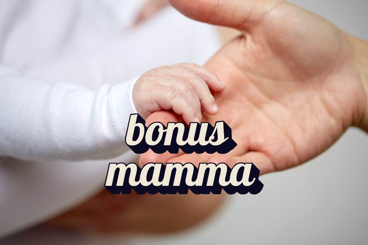 Mano di adulto e di neonato e scritta "bonus mamma"
