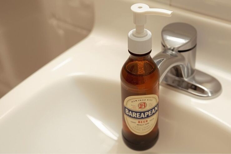 Bottiglia di birra con dispenser sapone sul lavandino 