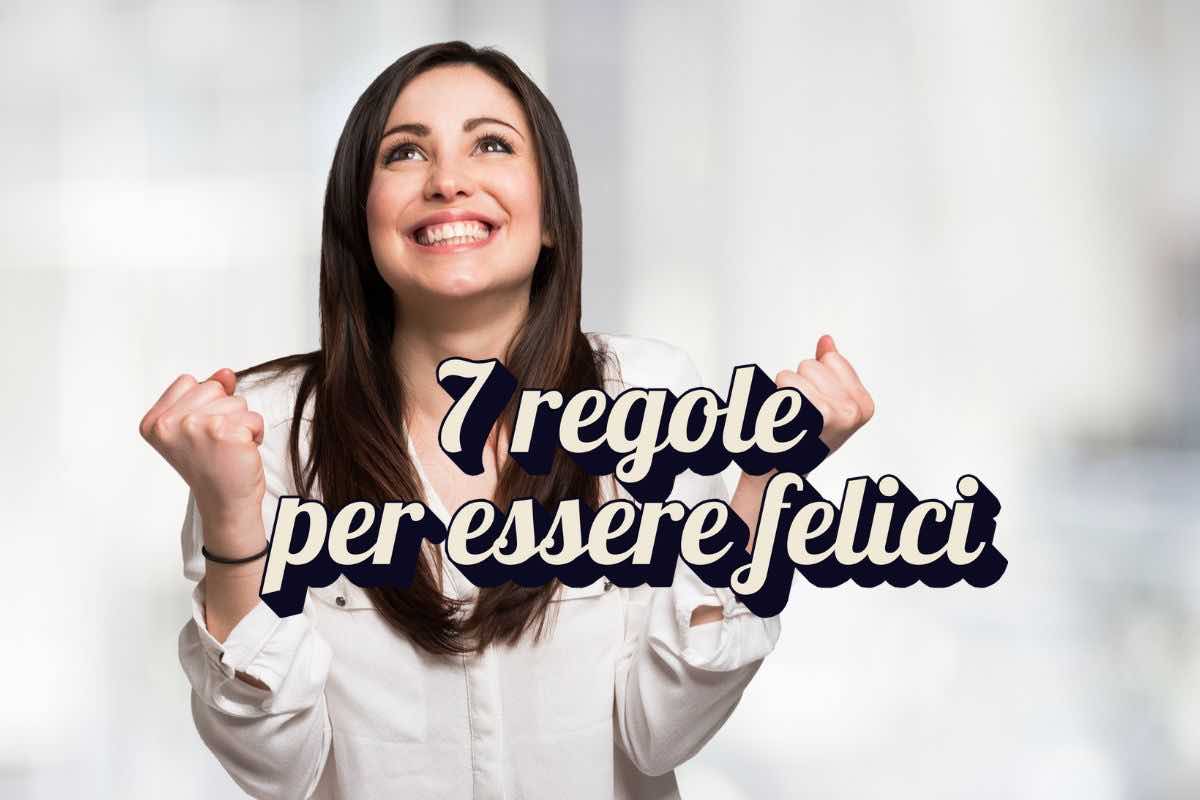 Donna che sorride e scritta "7 regole per essere felici"