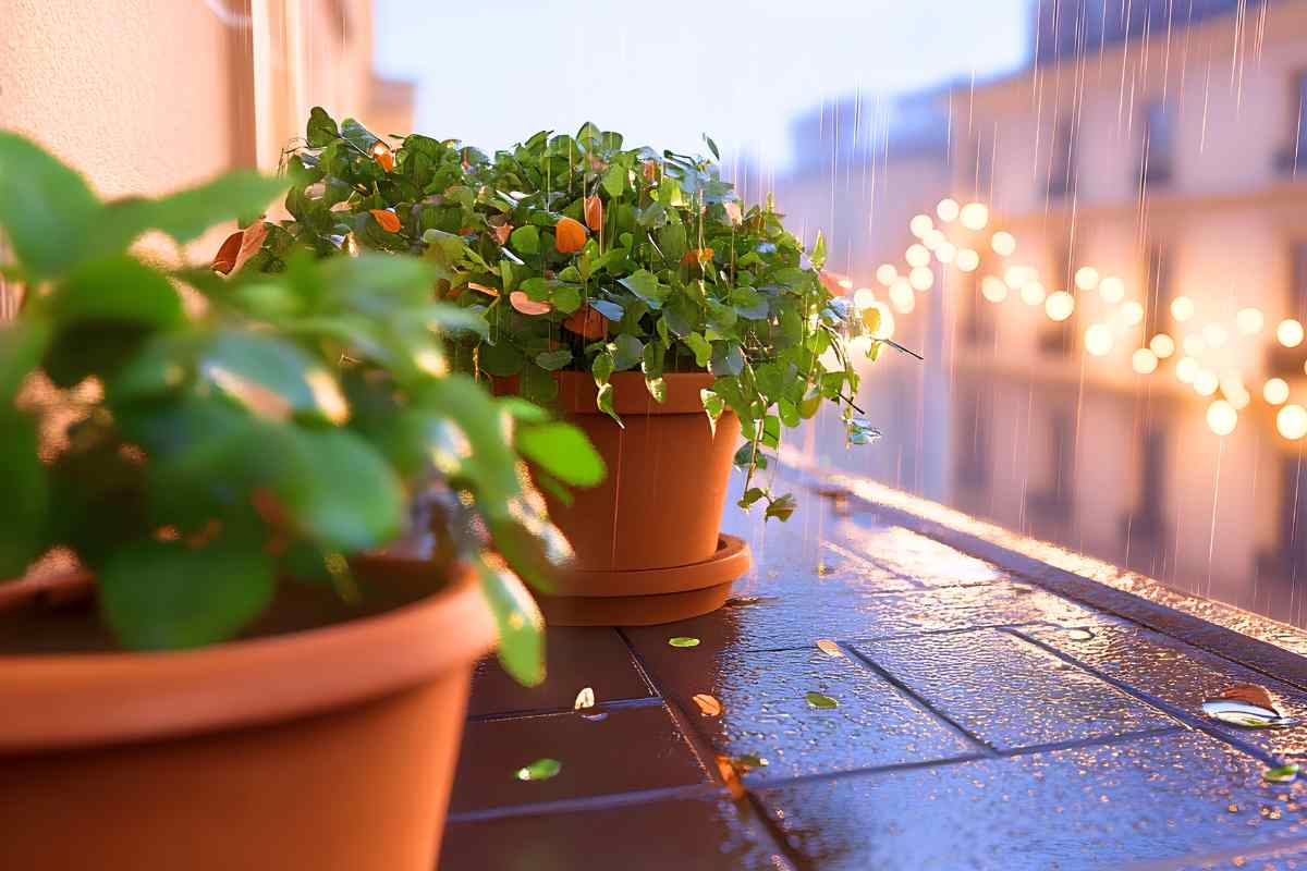 piante in vaso su balcone e pioggia